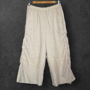 Match Point Linen Pants Women Small Khaki Tan Wide Linen Lagenlook Made USA Crop